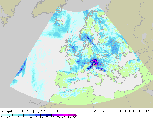 Precipitation (12h) UK-Global Fr 31.05.2024 12 UTC