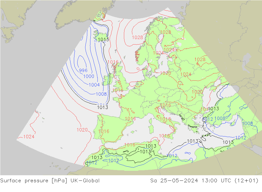 地面气压 UK-Global 星期六 25.05.2024 13 UTC