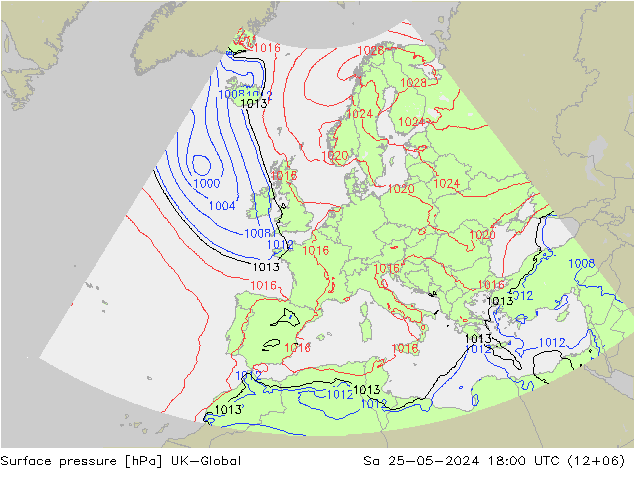 Pressione al suolo UK-Global sab 25.05.2024 18 UTC