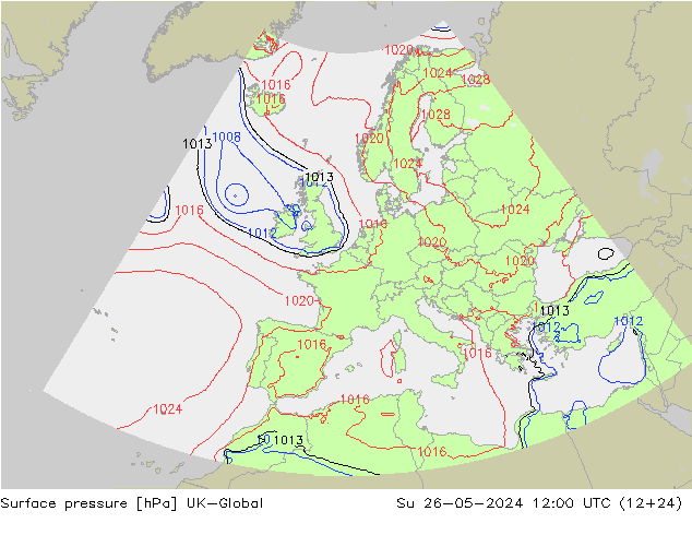 Pressione al suolo UK-Global dom 26.05.2024 12 UTC