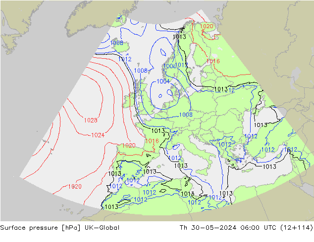 Presión superficial UK-Global jue 30.05.2024 06 UTC