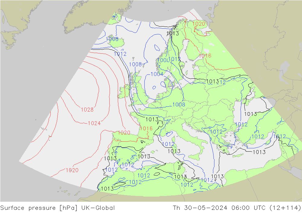 Surface pressure UK-Global Th 30.05.2024 06 UTC