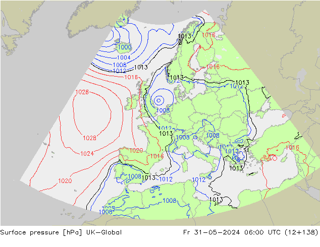 Pressione al suolo UK-Global ven 31.05.2024 06 UTC