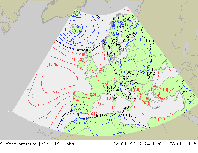 Pressione al suolo UK-Global sab 01.06.2024 12 UTC