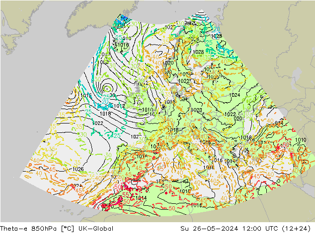 Theta-e 850hPa UK-Global dim 26.05.2024 12 UTC