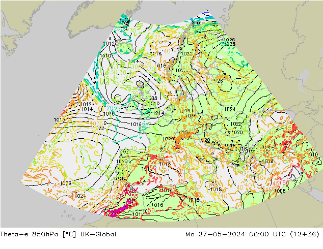 Theta-e 850hPa UK-Global Mo 27.05.2024 00 UTC