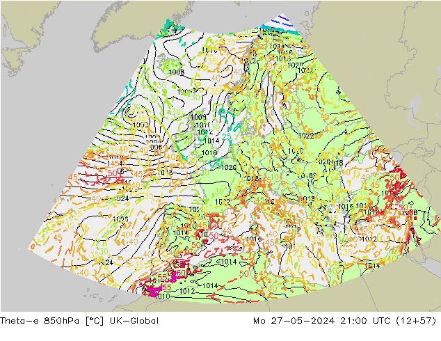 Theta-e 850гПа UK-Global пн 27.05.2024 21 UTC