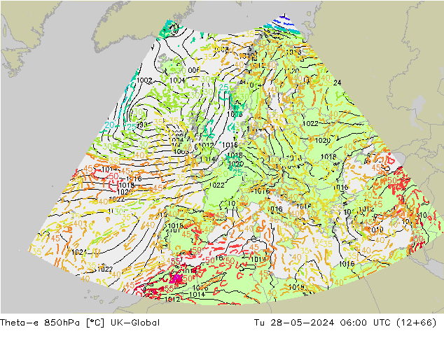 Theta-e 850hPa UK-Global Tu 28.05.2024 06 UTC