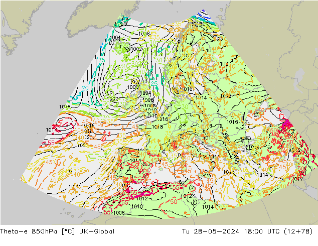 Theta-e 850hPa UK-Global Ter 28.05.2024 18 UTC
