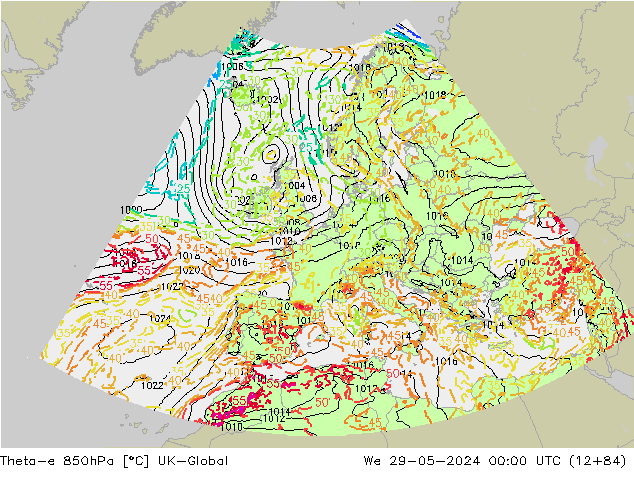 Theta-e 850hPa UK-Global Mi 29.05.2024 00 UTC