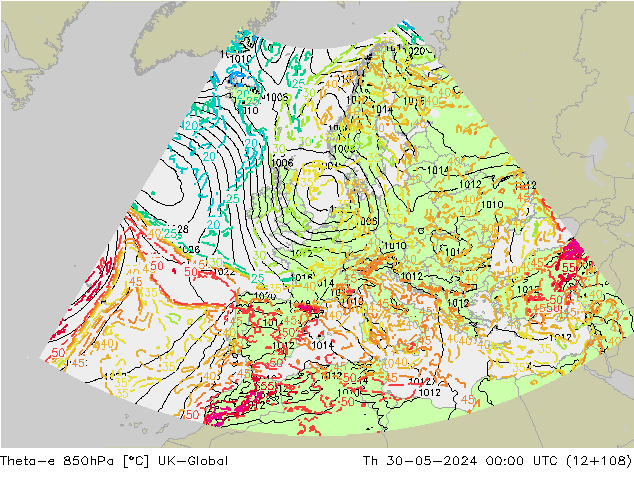 Theta-e 850hPa UK-Global Th 30.05.2024 00 UTC