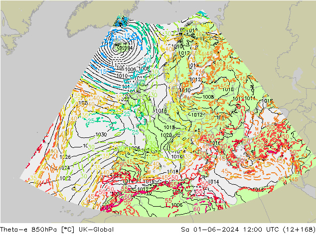 Theta-e 850hPa UK-Global Sa 01.06.2024 12 UTC
