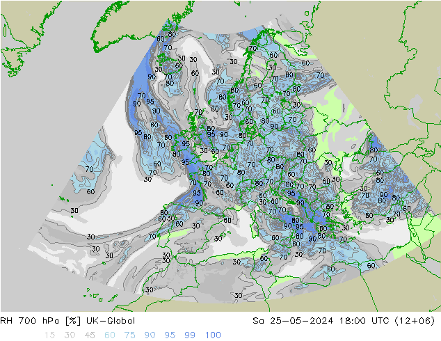 Humedad rel. 700hPa UK-Global sáb 25.05.2024 18 UTC