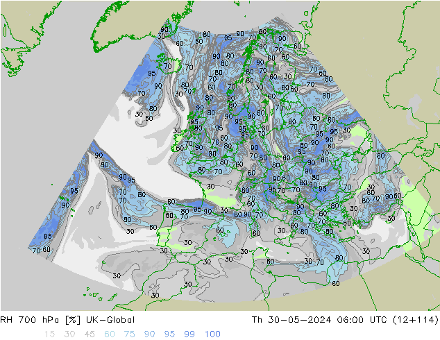 RH 700 hPa UK-Global Th 30.05.2024 06 UTC