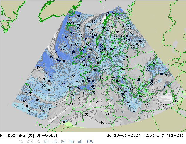 Humidité rel. 850 hPa UK-Global dim 26.05.2024 12 UTC