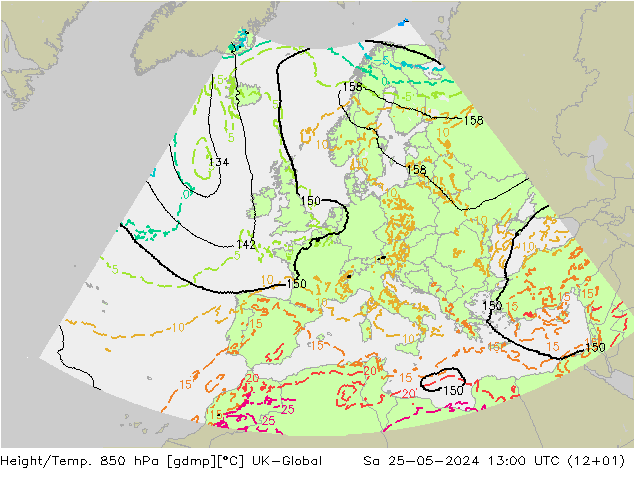 Height/Temp. 850 гПа UK-Global сб 25.05.2024 13 UTC