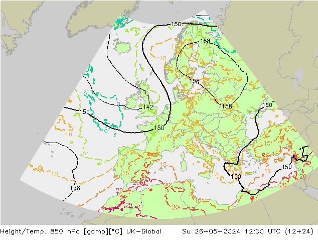 Height/Temp. 850 hPa UK-Global Su 26.05.2024 12 UTC