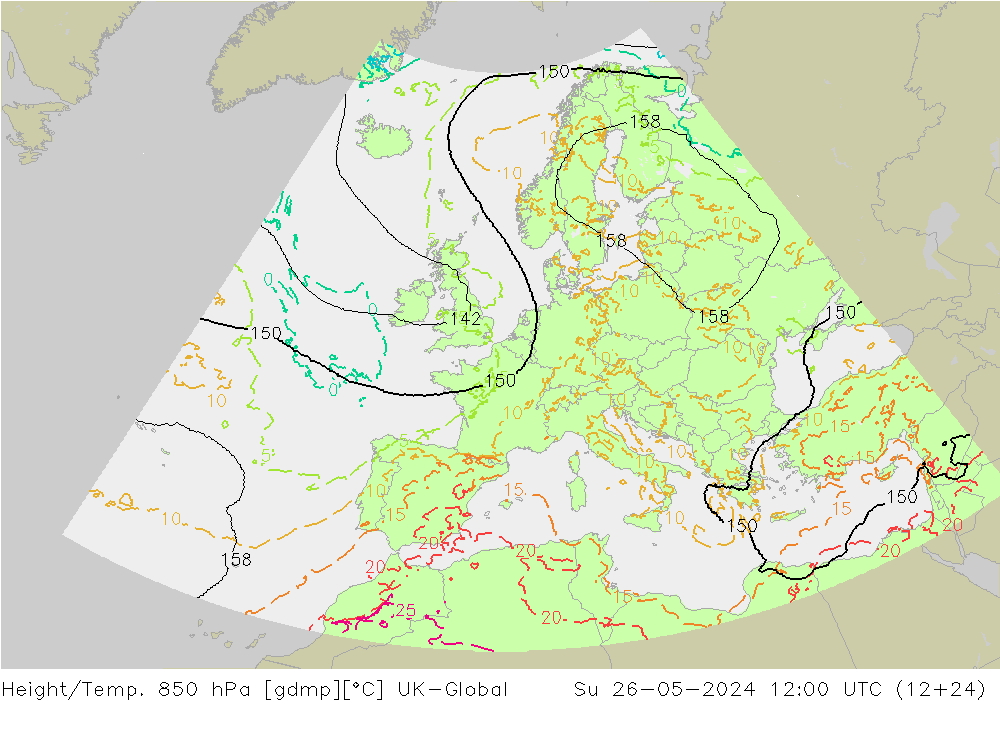 Yükseklik/Sıc. 850 hPa UK-Global Paz 26.05.2024 12 UTC