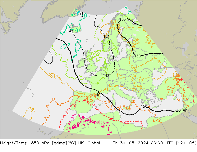 Height/Temp. 850 hPa UK-Global Th 30.05.2024 00 UTC