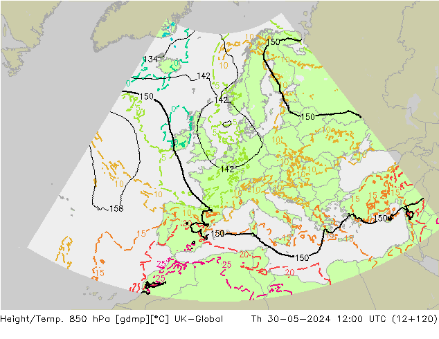 Height/Temp. 850 hPa UK-Global Th 30.05.2024 12 UTC