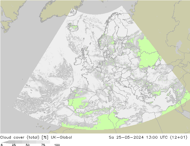 Bewolking (Totaal) UK-Global za 25.05.2024 13 UTC