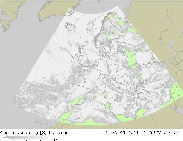 Bewolking (Totaal) UK-Global zo 26.05.2024 12 UTC