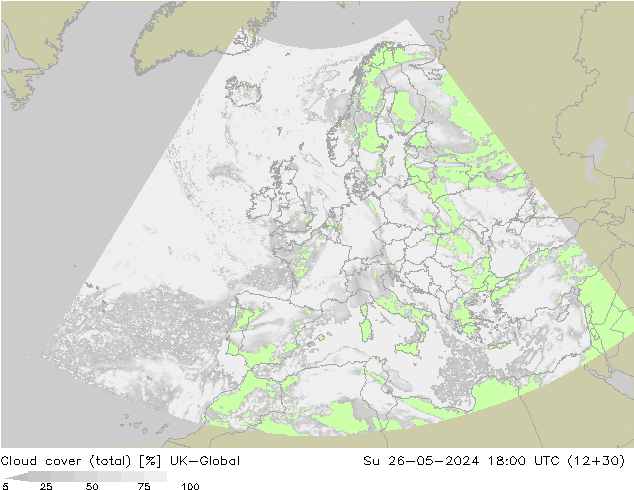 Cloud cover (total) UK-Global Su 26.05.2024 18 UTC