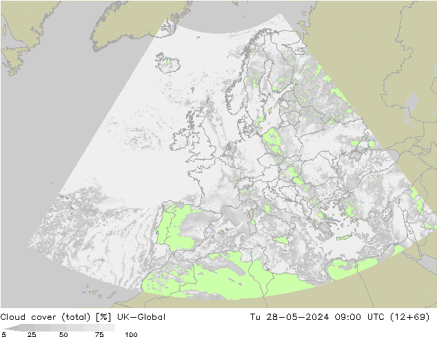 Cloud cover (total) UK-Global Tu 28.05.2024 09 UTC