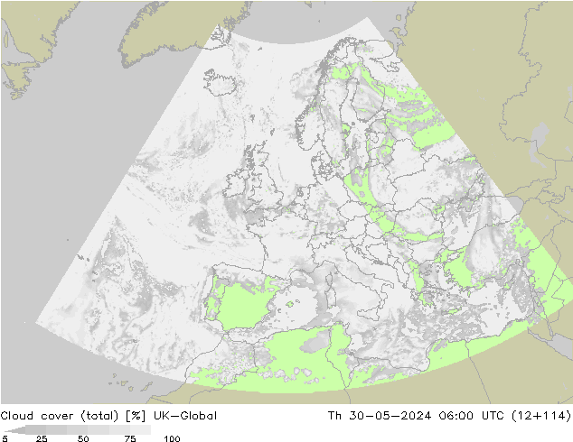 Cloud cover (total) UK-Global Th 30.05.2024 06 UTC