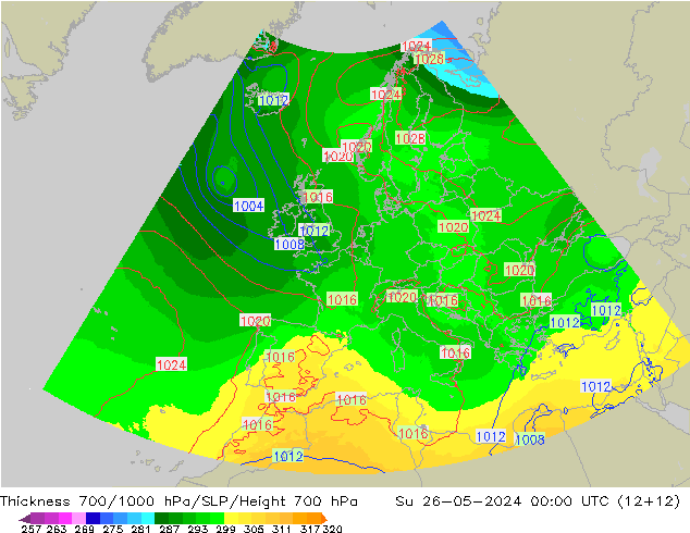 Thck 700-1000 hPa UK-Global dom 26.05.2024 00 UTC