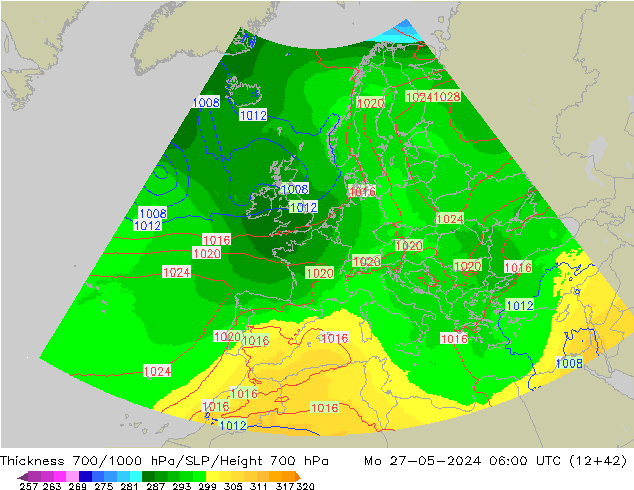 Thck 700-1000 гПа UK-Global пн 27.05.2024 06 UTC