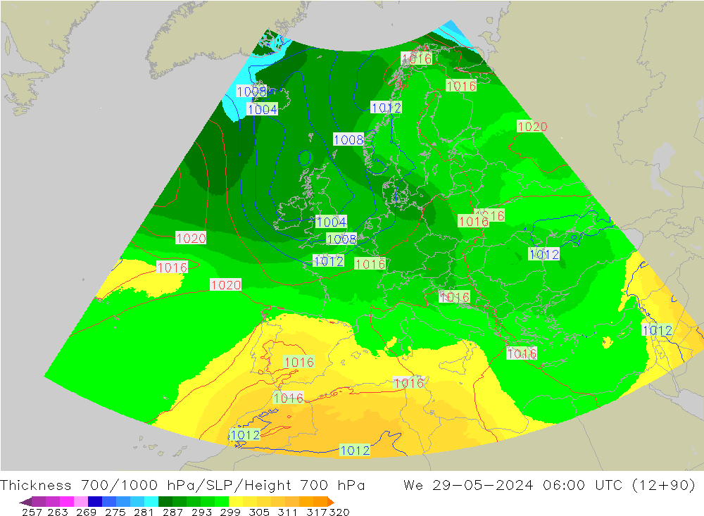 Dikte700-1000 hPa UK-Global wo 29.05.2024 06 UTC