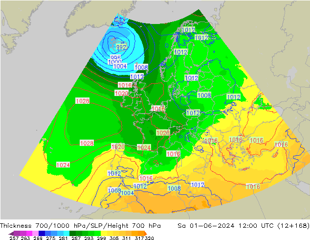 Thck 700-1000 гПа UK-Global сб 01.06.2024 12 UTC