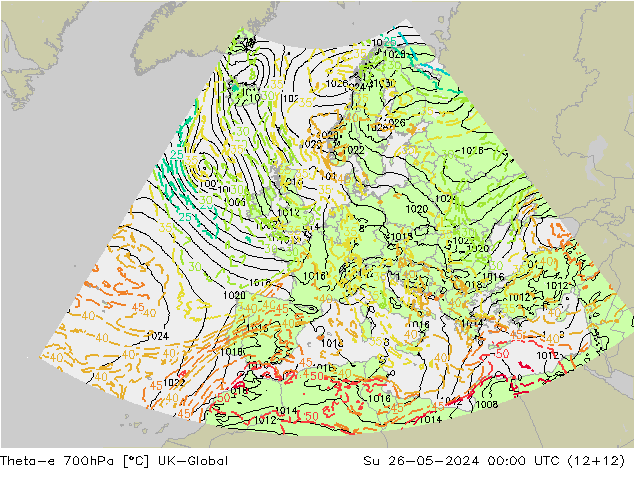 Theta-e 700hPa UK-Global dom 26.05.2024 00 UTC