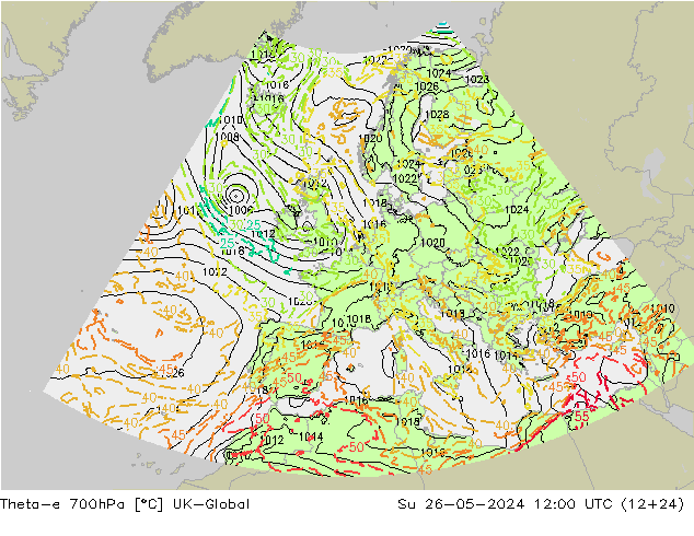 Theta-e 700hPa UK-Global dom 26.05.2024 12 UTC