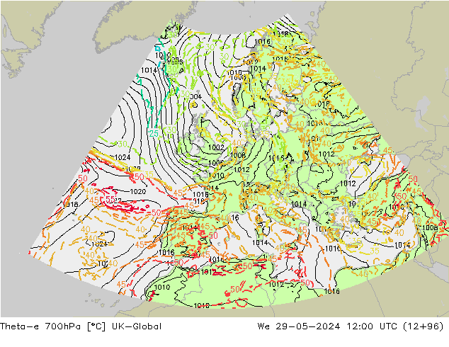 Theta-e 700hPa UK-Global Mi 29.05.2024 12 UTC