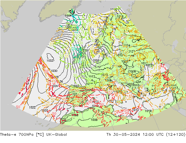 Theta-e 700hPa UK-Global Th 30.05.2024 12 UTC