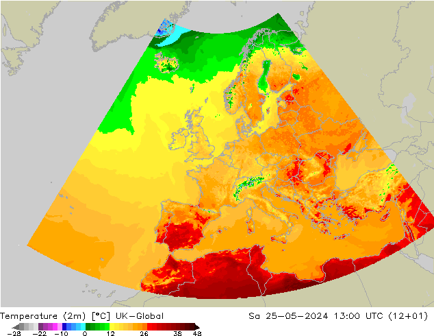 Temperatura (2m) UK-Global sab 25.05.2024 13 UTC