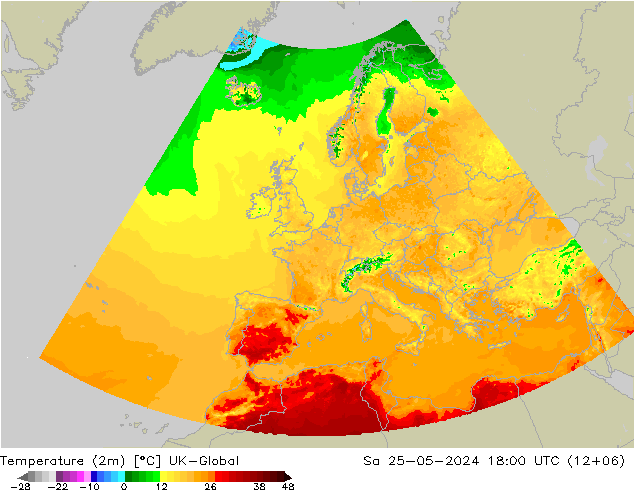 température (2m) UK-Global sam 25.05.2024 18 UTC