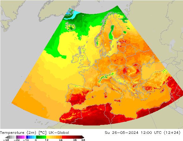 Temperature (2m) UK-Global Su 26.05.2024 12 UTC