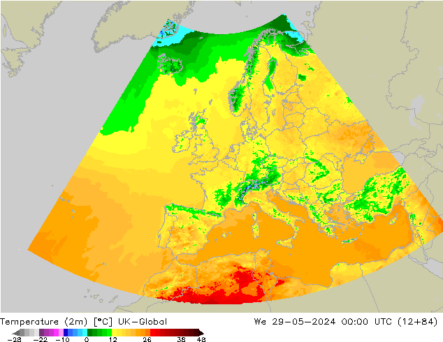Temperatuurkaart (2m) UK-Global wo 29.05.2024 00 UTC