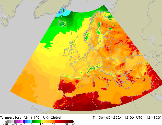 Temperaturkarte (2m) UK-Global Do 30.05.2024 12 UTC