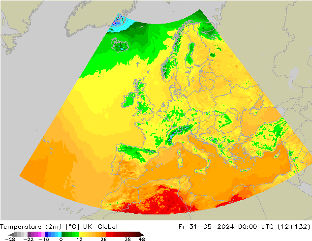 Temperatuurkaart (2m) UK-Global vr 31.05.2024 00 UTC
