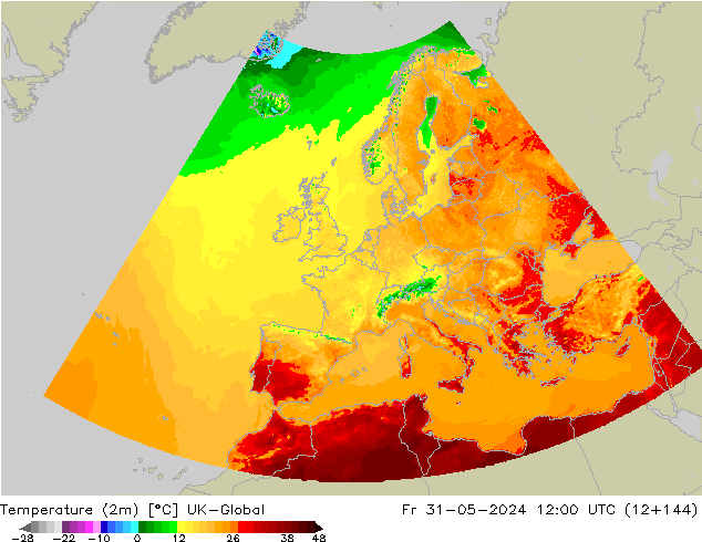 Temperaturkarte (2m) UK-Global Fr 31.05.2024 12 UTC