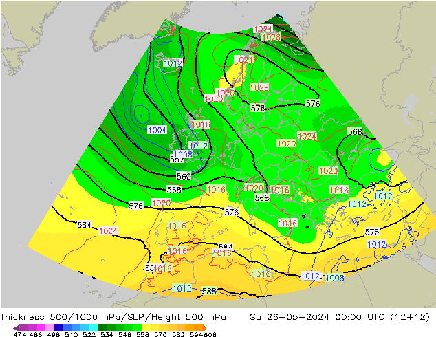 Thck 500-1000hPa UK-Global dom 26.05.2024 00 UTC