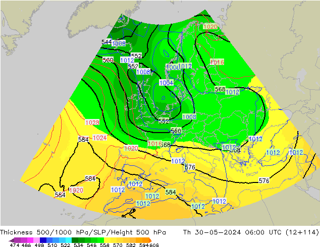 Thck 500-1000hPa UK-Global Čt 30.05.2024 06 UTC