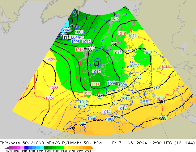 Schichtdicke 500-1000 hPa UK-Global Fr 31.05.2024 12 UTC