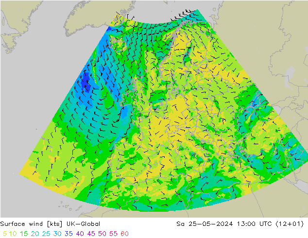 Vento 10 m UK-Global sab 25.05.2024 13 UTC