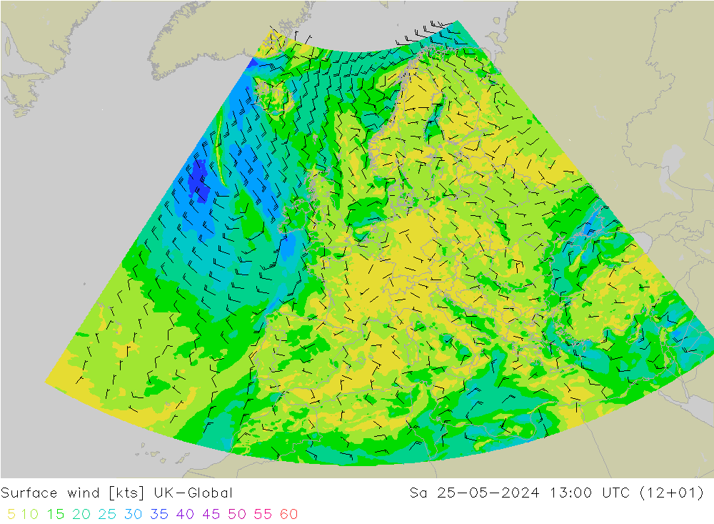 Wind 10 m UK-Global za 25.05.2024 13 UTC