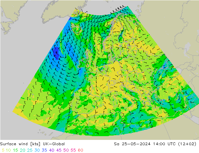 Wind 10 m UK-Global za 25.05.2024 14 UTC